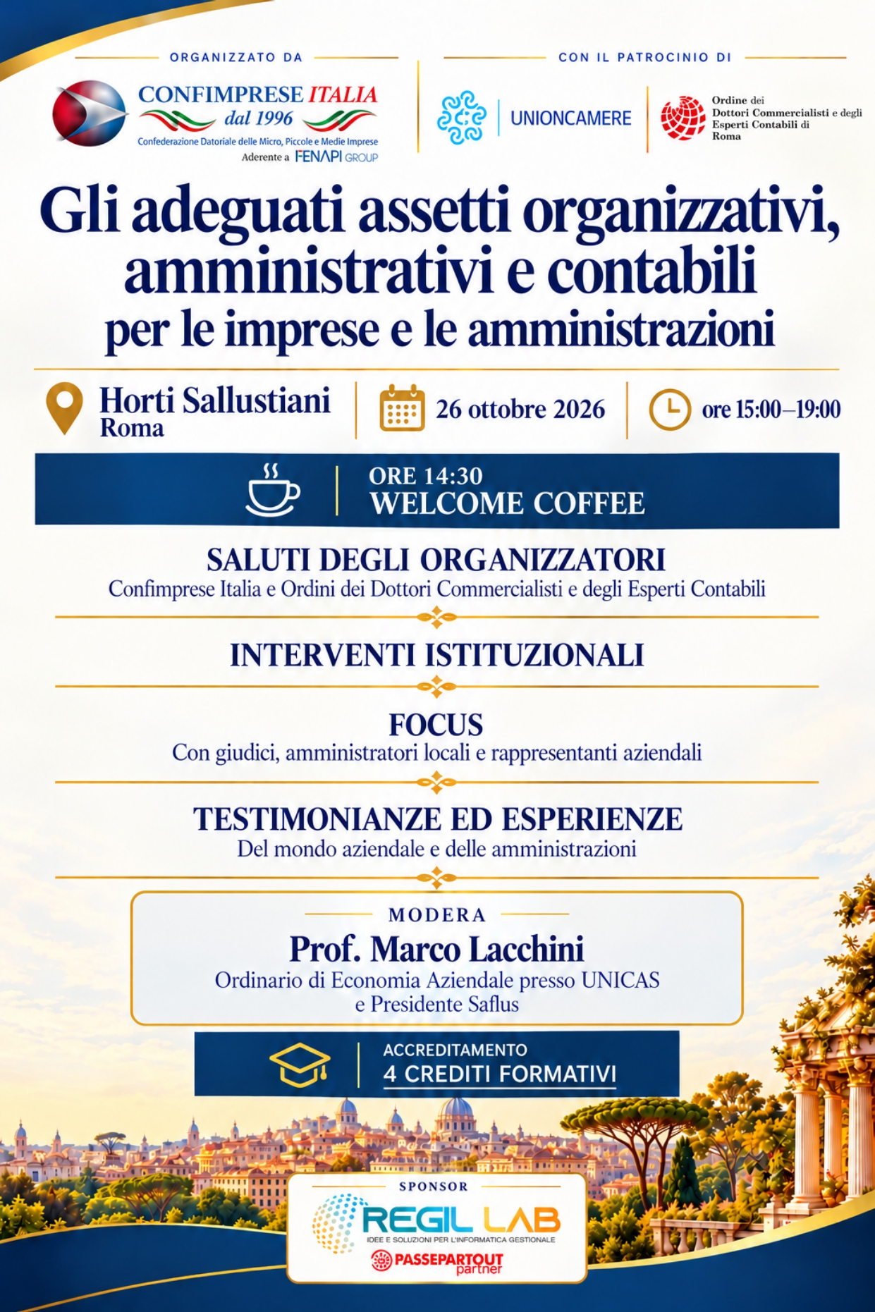 Convegno sugli adeguati assetti organizzativi, amministrativi e contabili – Roma, 26 ottobre 2026 – REGIL LAB sponsor.